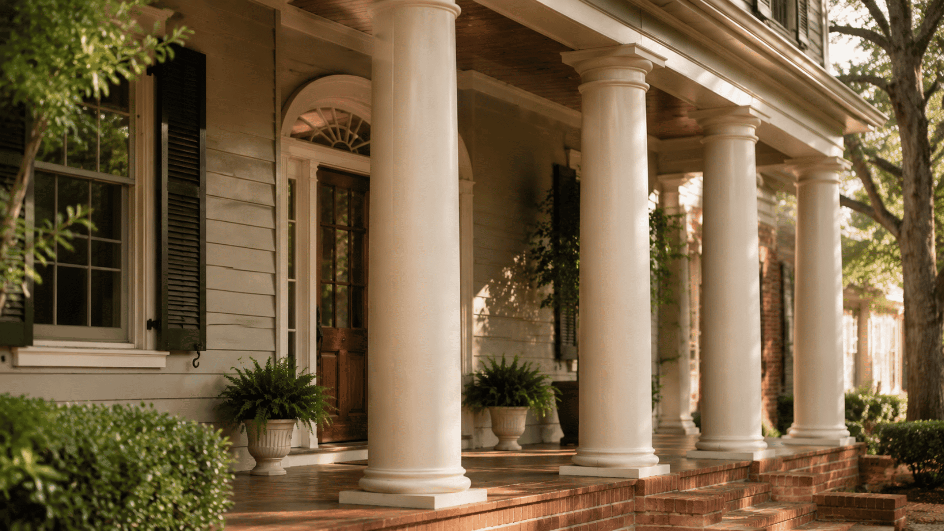 Smooth Tuscan column with minimal capital on the front porch of a traditional home