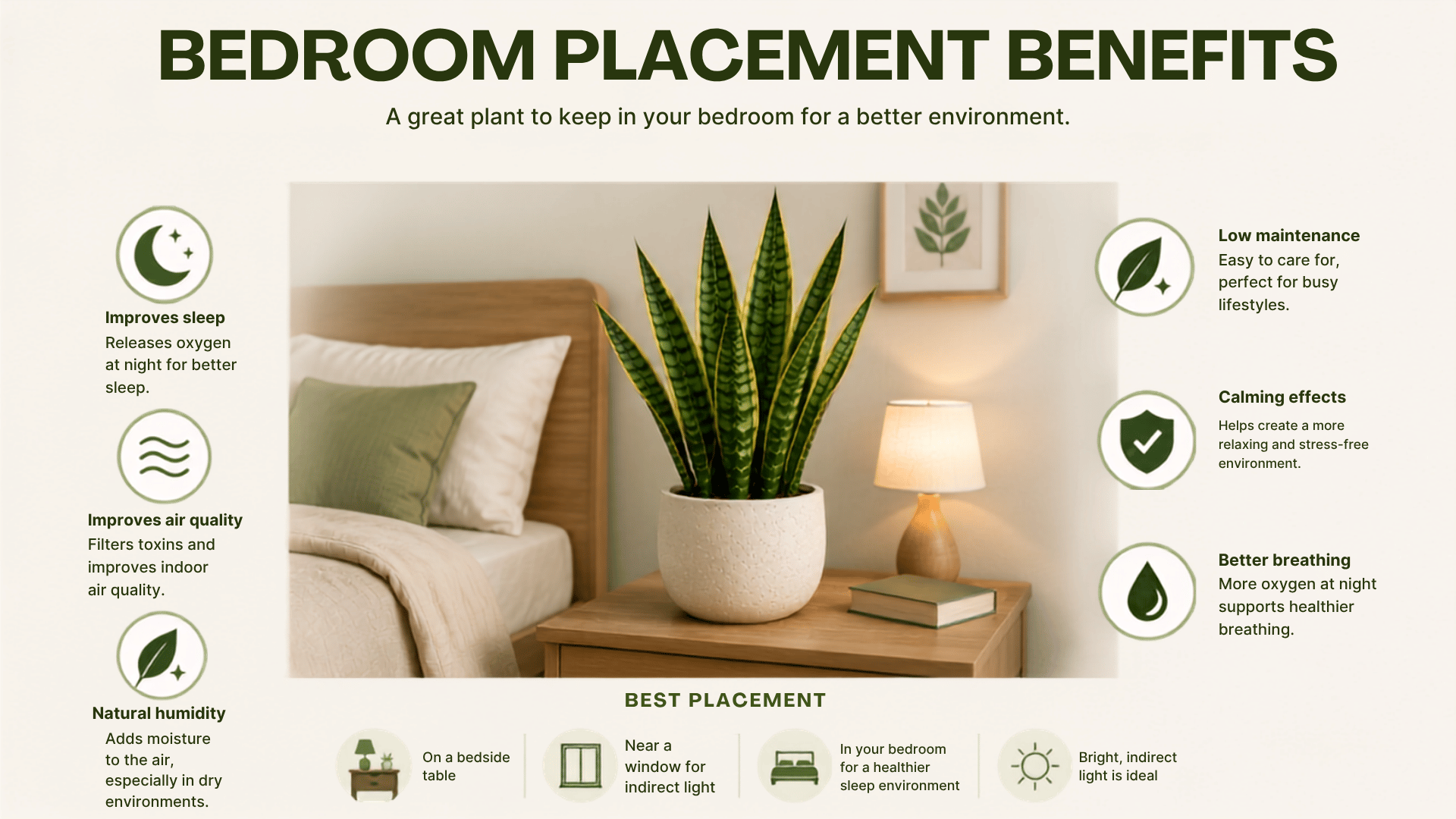 Snake plant benefits infographic showing bedroom placement.