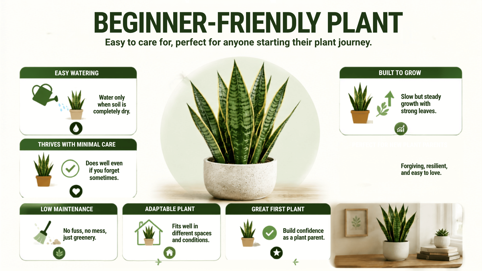 Snake plant benefits infographic showing beginner-friendly care.