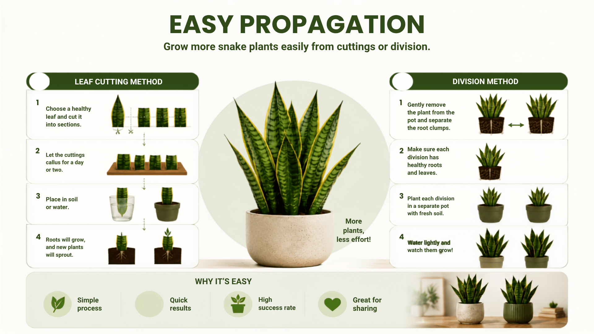 Snake plant benefits infographic showing easy propagation methods.
