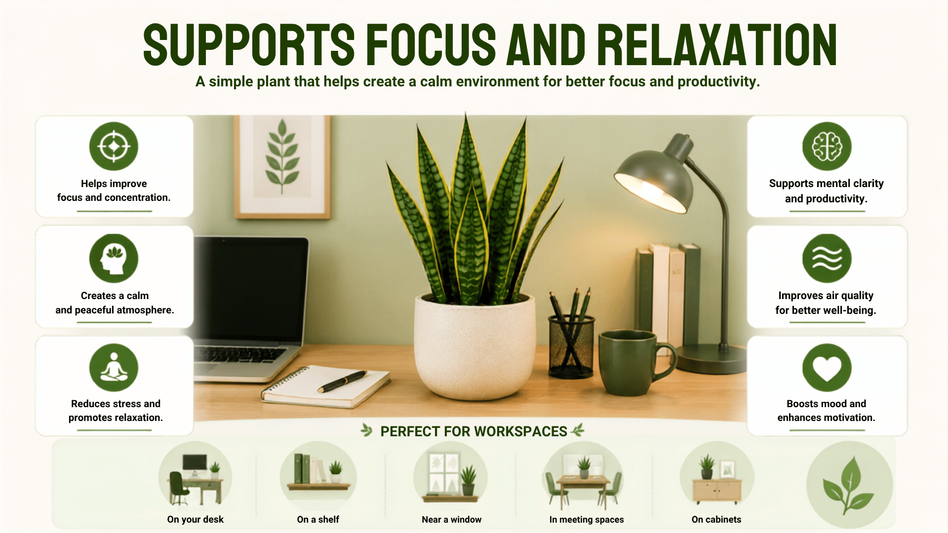 Snake plant benefits infographic showing focus support.