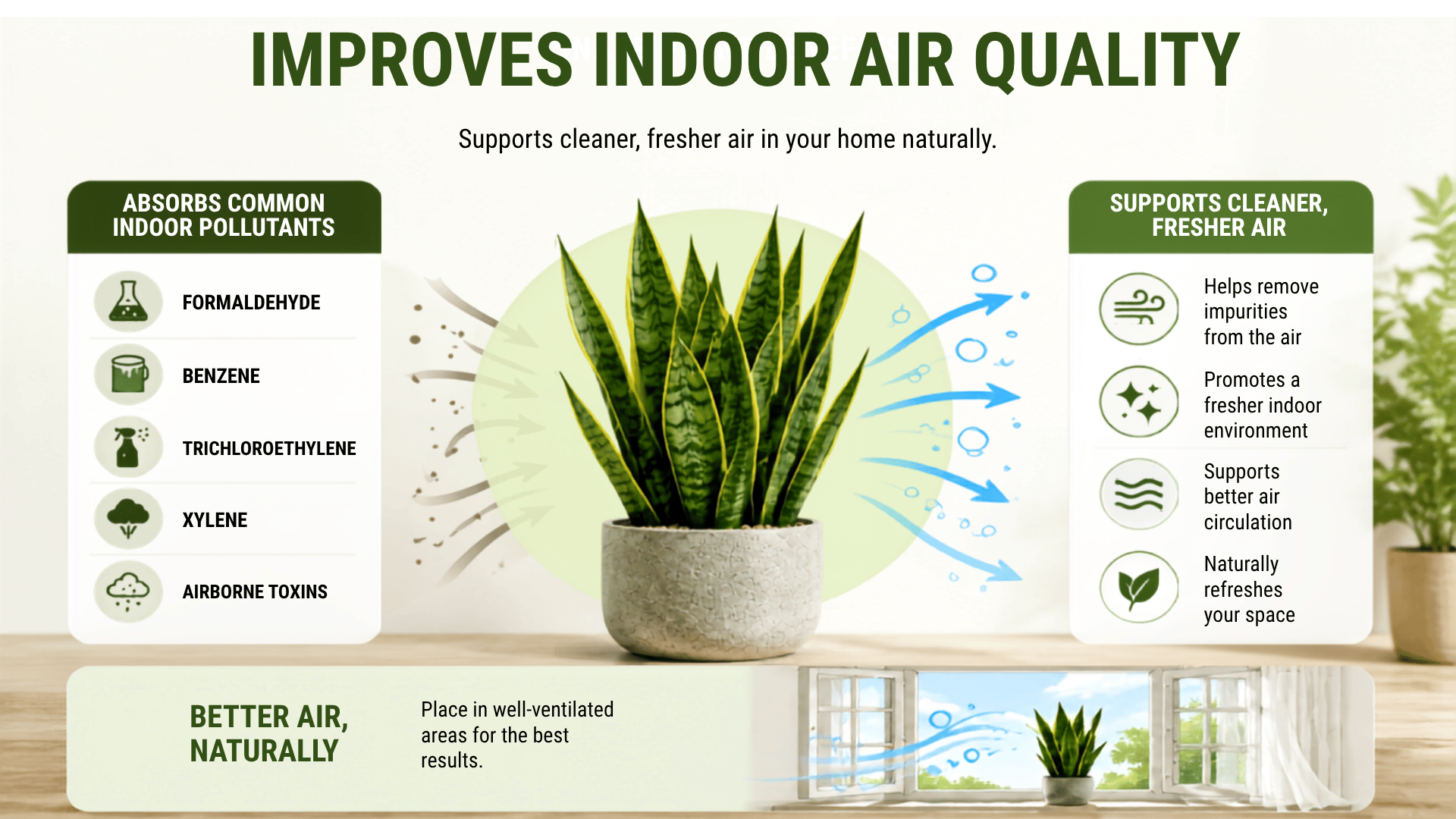 Snake plant benefits infographic showing indoor air quality support.