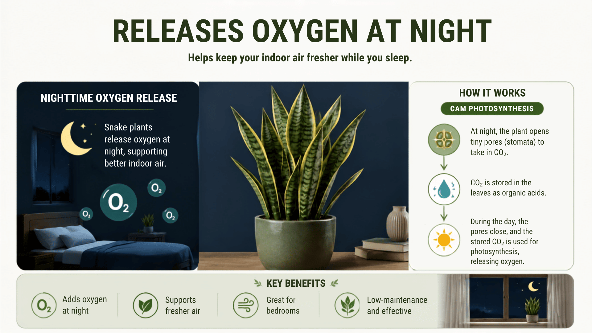 Snake plant benefits infographic showing oxygen release at night.
