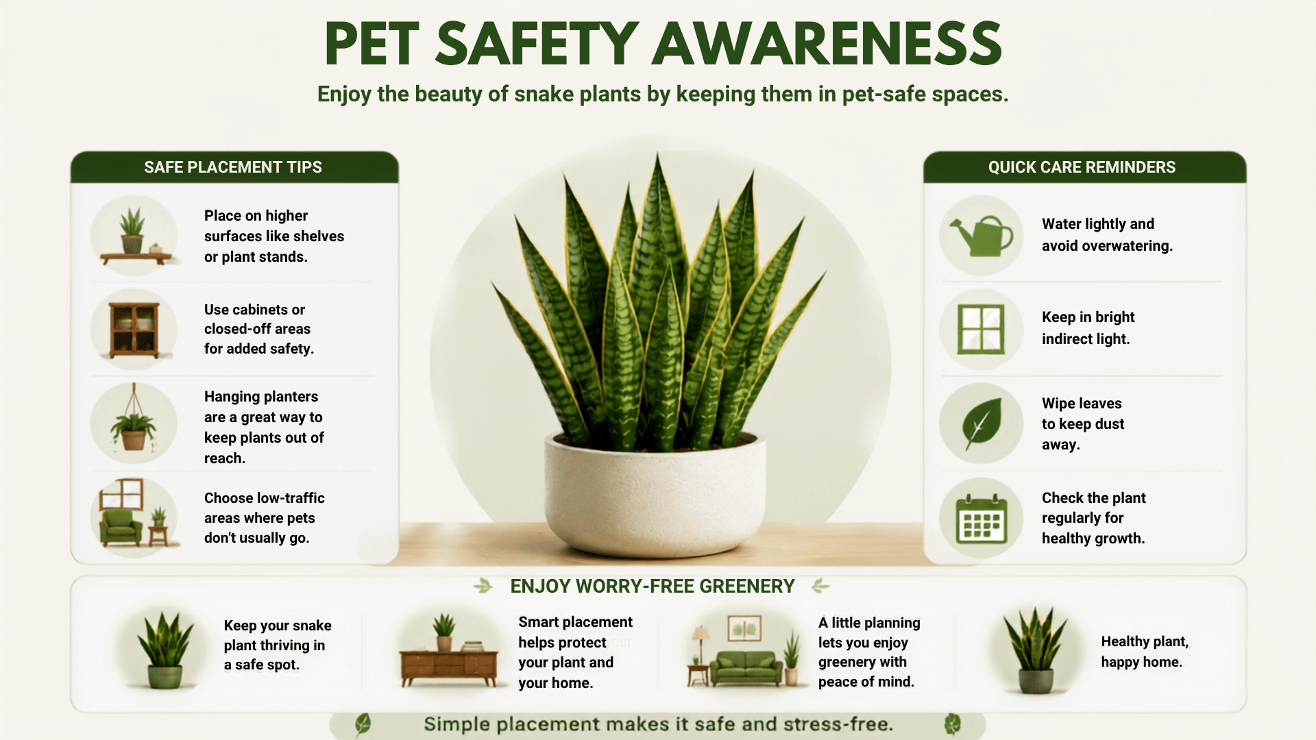 Snake plant benefits infographic showing pet safety awareness.