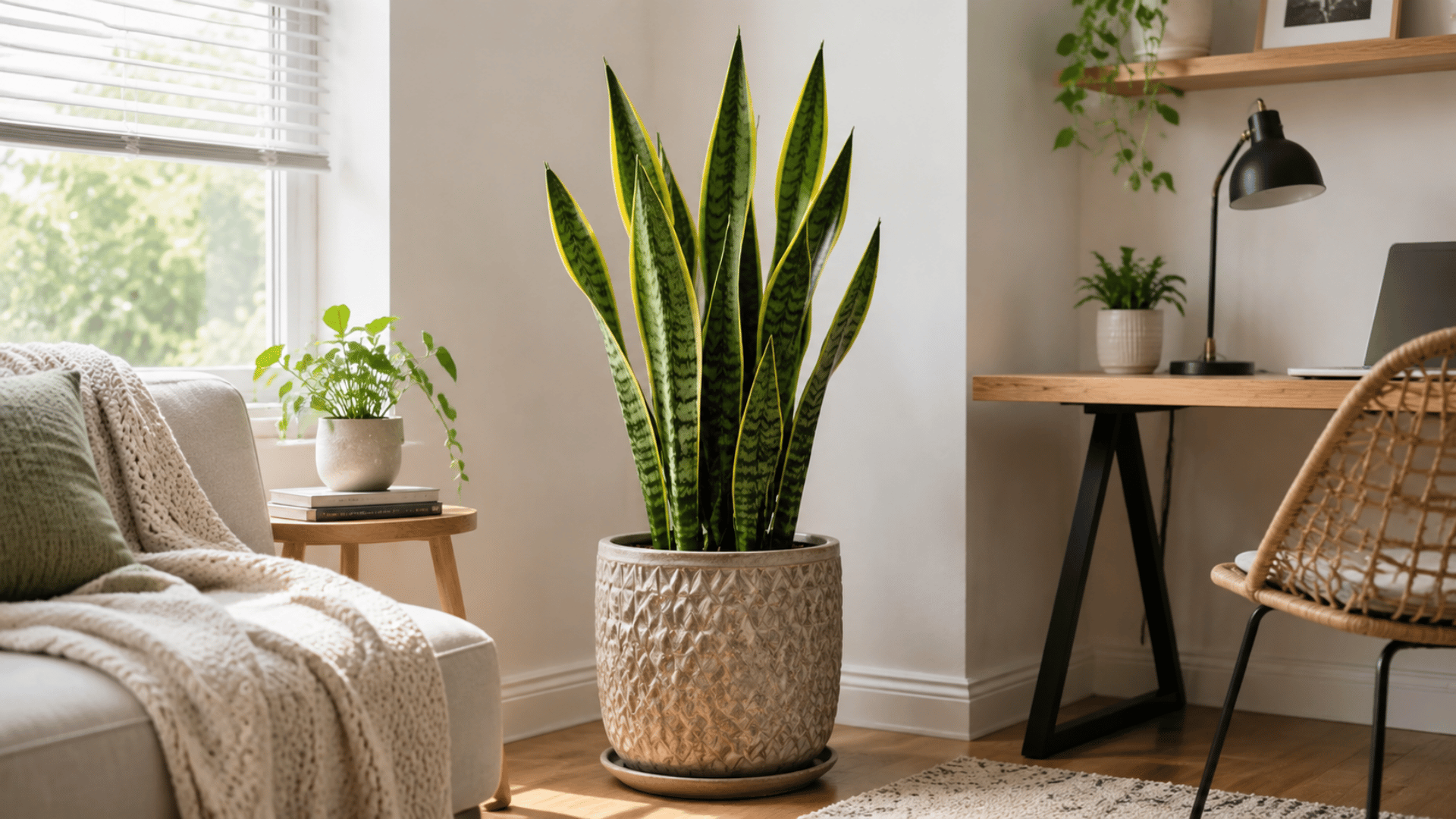 Snake plant benefits in a decorative pot between a living room sofa and home office desk