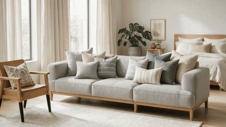 Neutral sofa and bed setup featuring layered throw pillows in different sizes and shapes.