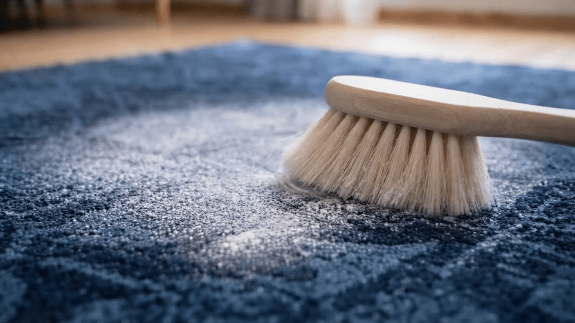 Soft brush working baking soda into carpet fibers during cleaning
