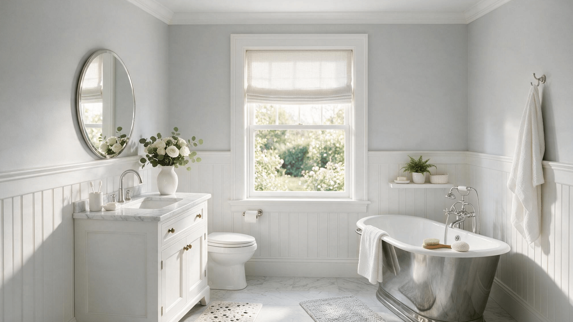 soft gray bathroom with white beadboard walls white vanity metal soaking tub and bright garden view window indoors