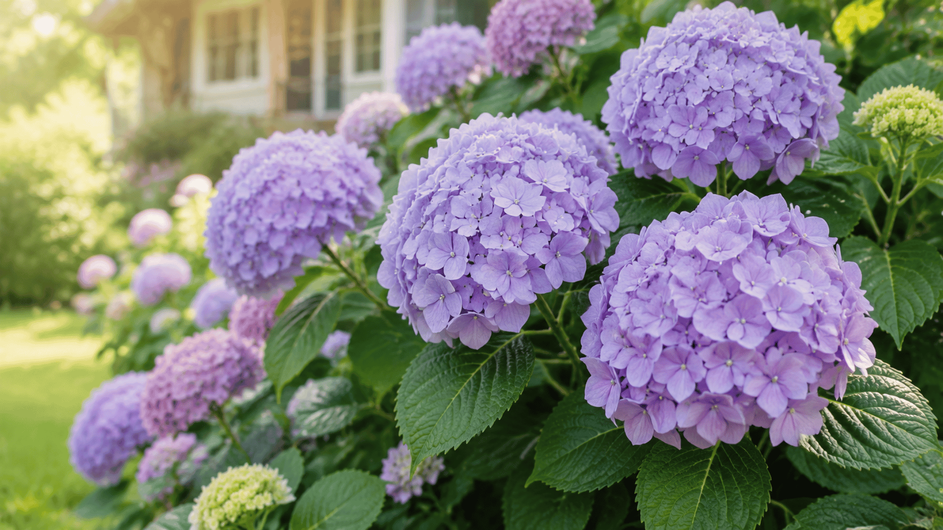 soft light purple hydrangea blooms with green leaves in a residential garden