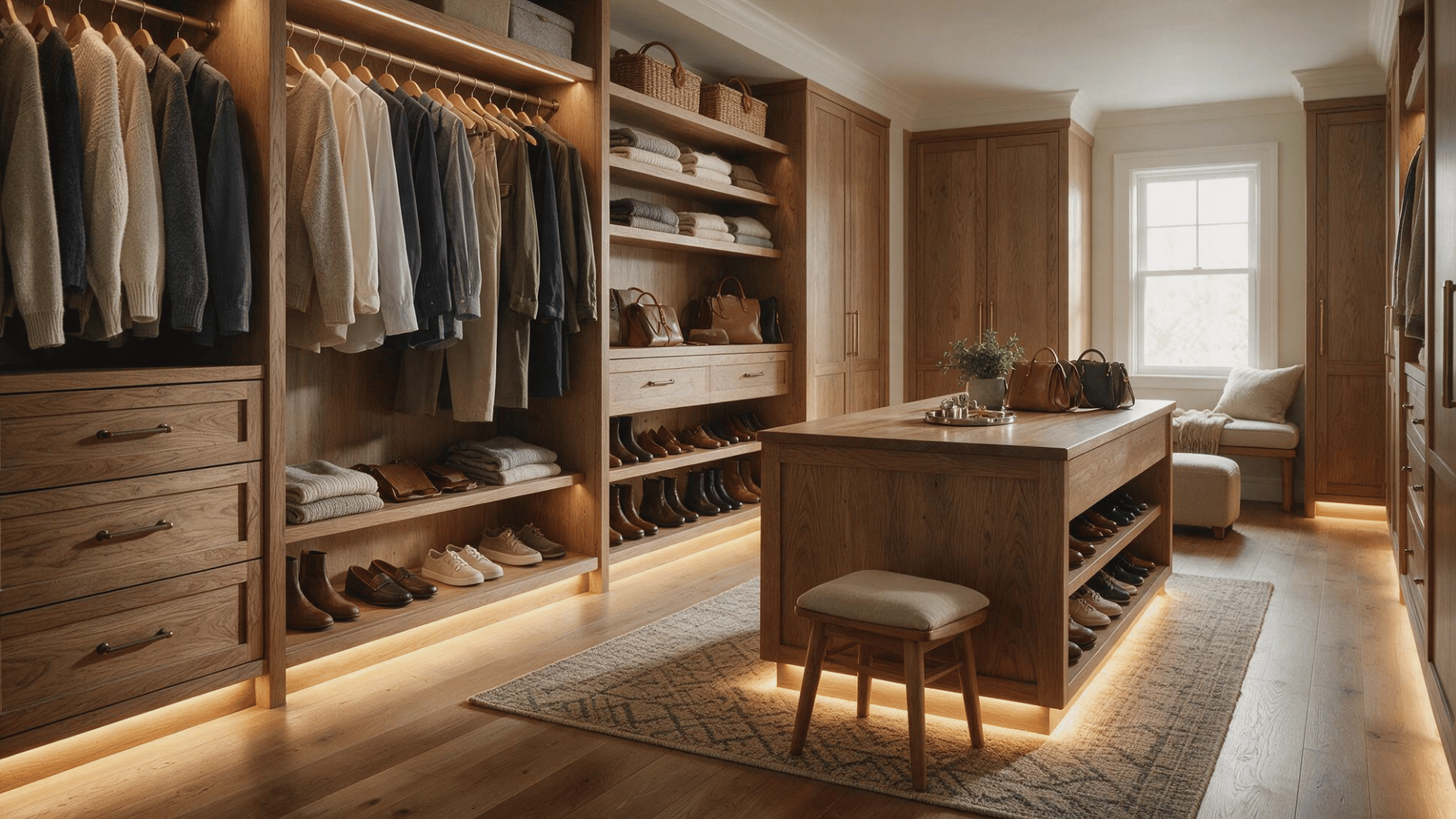 soft toe kick lighting beneath built in cabinets illuminating shoes baskets and the closet floor