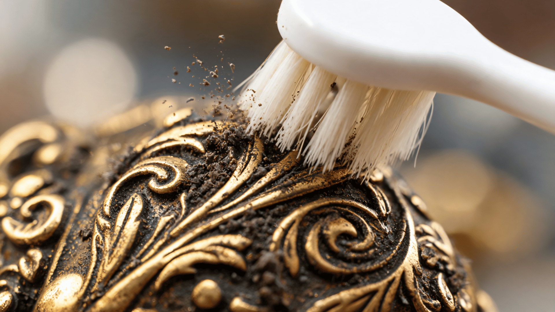 Soft toothbrush cleaning trapped dirt from engraved grooves and patterns on a brass ornament