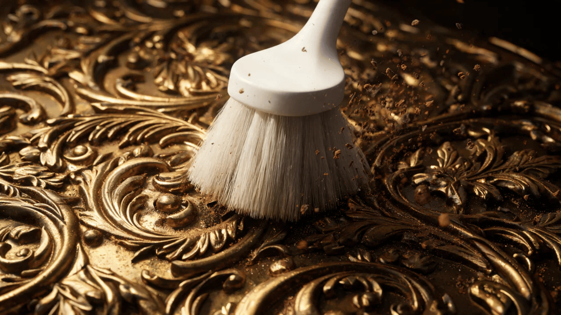 Soft toothbrush lifting dried polish residue from decorative brass engravings and tight corners