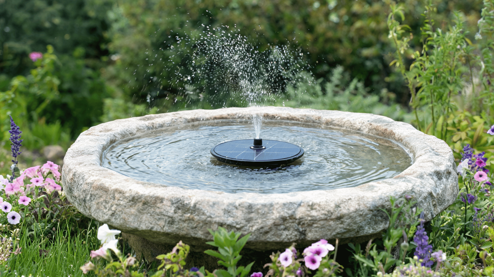 Solar bird bath fountain with floating pump spraying water and birds resting on the basin edge.