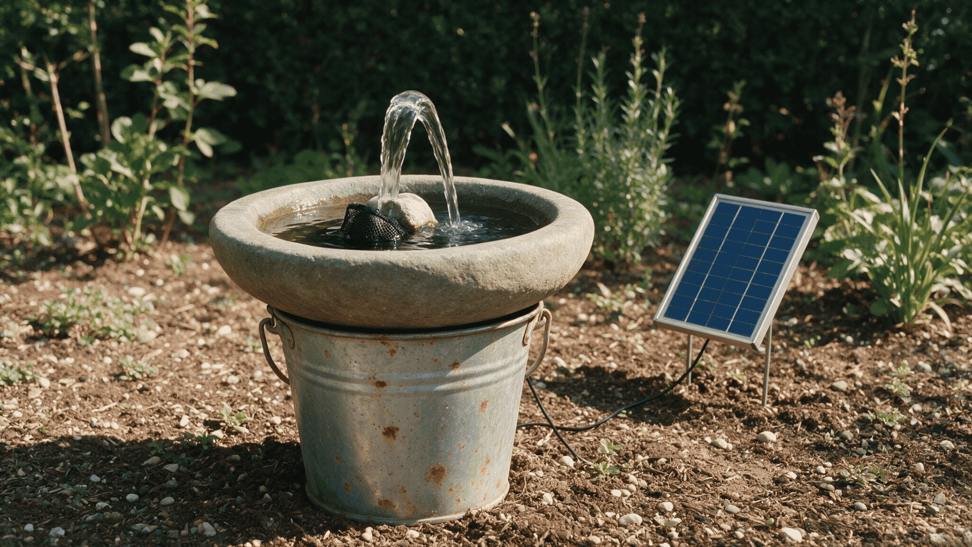 solar bucket fountain with stone bowl and small water arch beside a panel in a sunny garden settings (1)