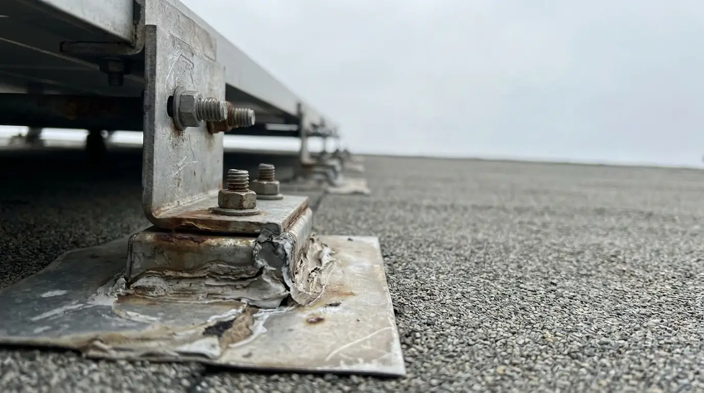 Rusty metal bolts securing structure on flat rooftop under overcast sky