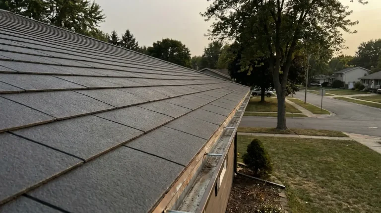 Sloped gray roof tiles overlooking quiet suburban street with trees and houses in background