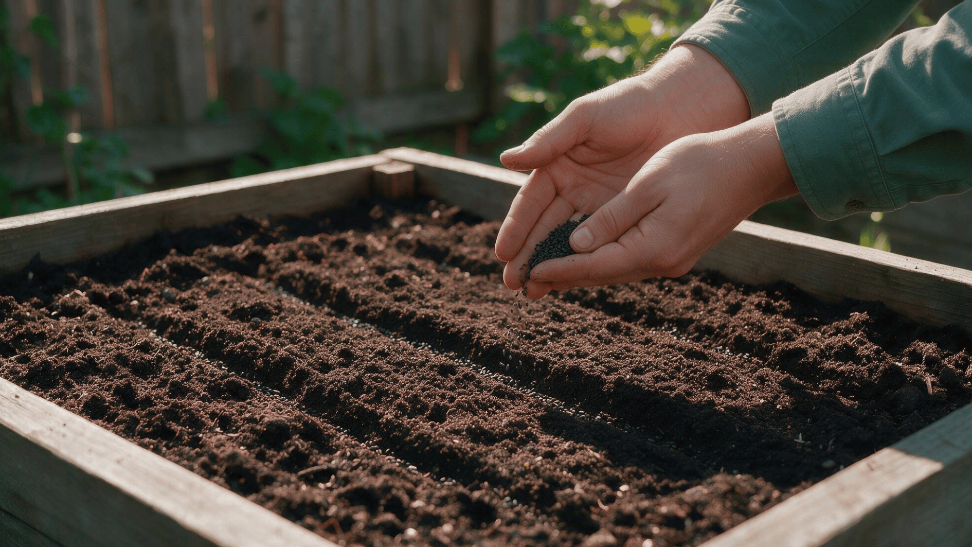 gardener planting small green onion seeds in shallow rows of freshly prepared garden soil
