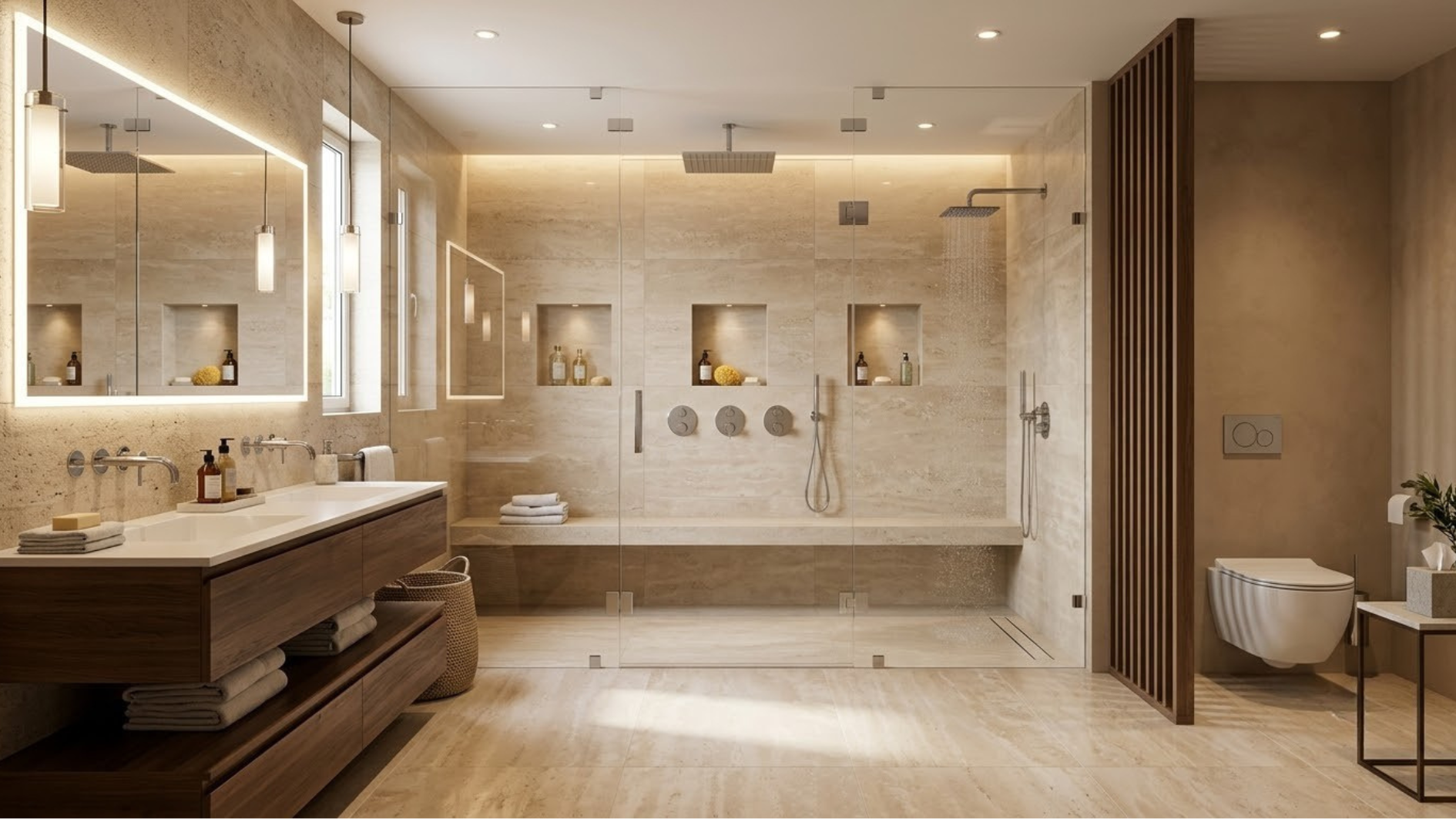 spa bathroom with large glass shower natural vanity private toilet warm stone tiles and soft recessed lighting
