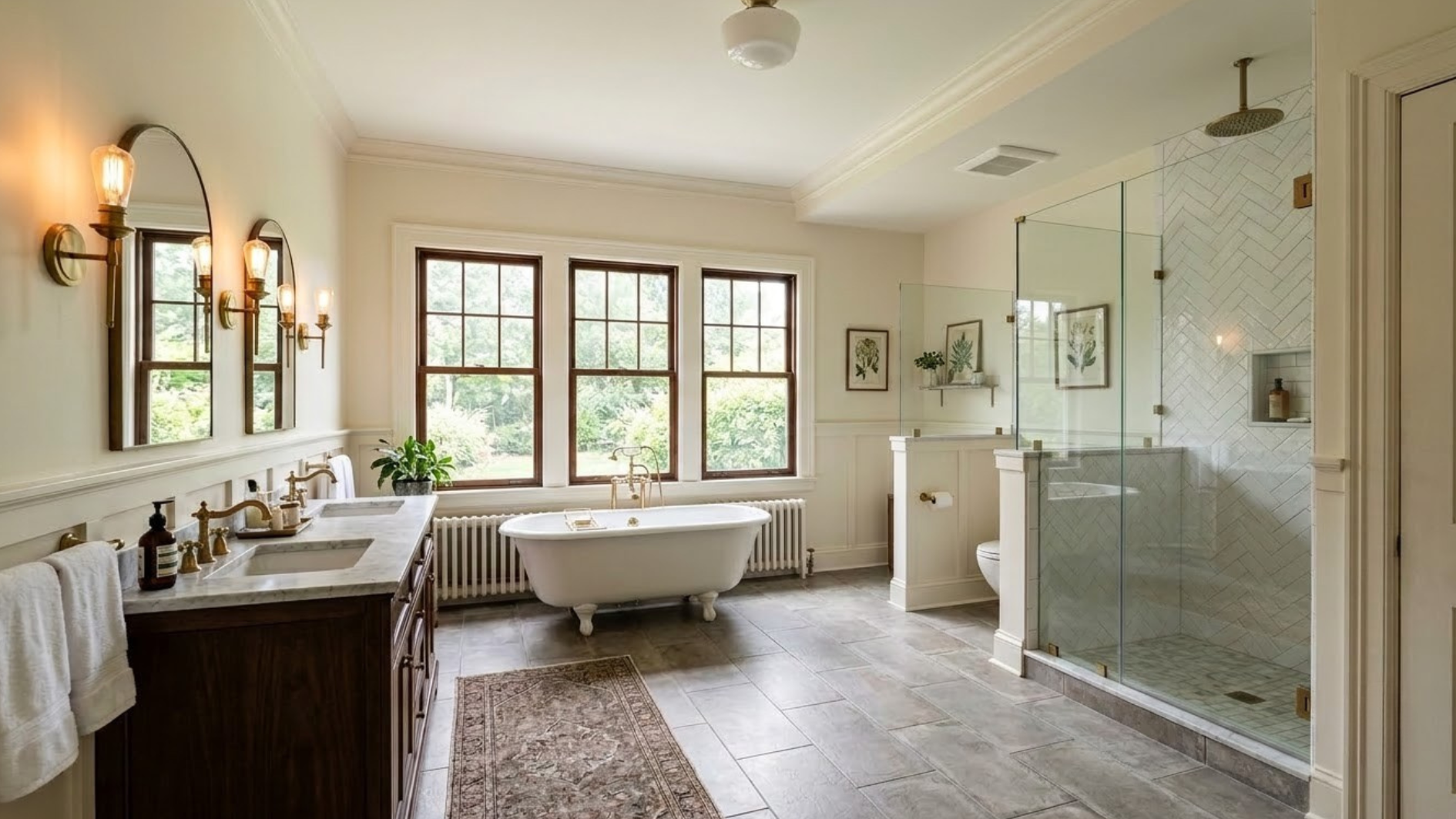 spacious bathroom with clawfoot tub glass shower dark wood vanity large windows and warm wall lighting sconces