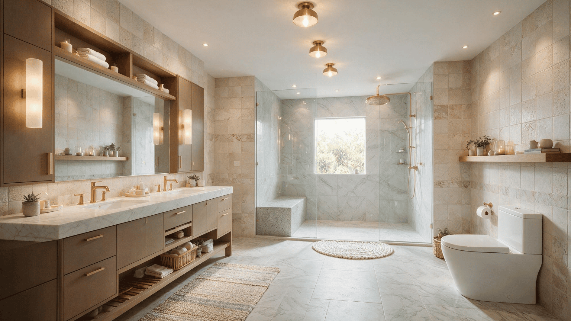 spacious bathroom with double vanity glass shower toilet stone tiling warm lighting shelving and sunlit window