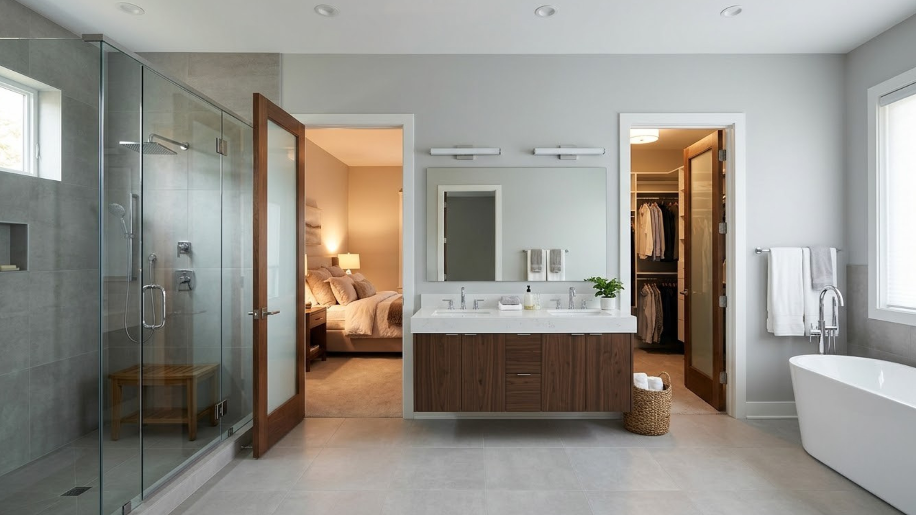 spacious bathroom with glass shower central double vanity opened bedroom and closet doors and freestanding tub