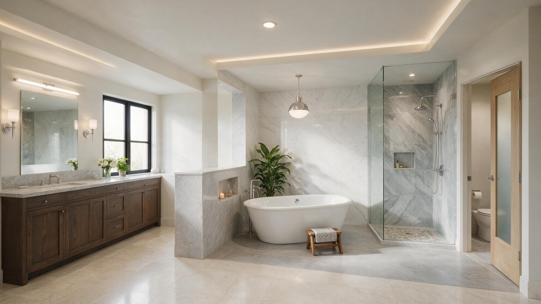 spacious bathroom with wooden vanity freestanding tub glass shower marble walls and private toilet room nearby