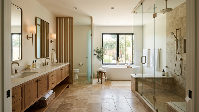 spacious master bathroom with double wood vanity glass shower freestanding tub and private toilet nook indoors