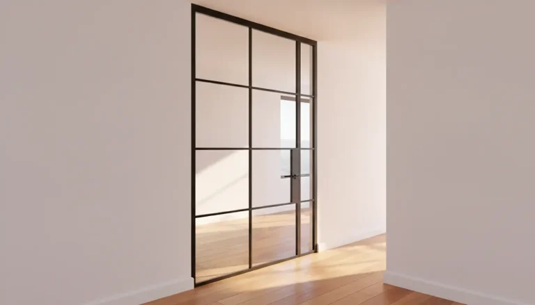 Glass door with grid design in modern, sunlit hallway with wooden floors