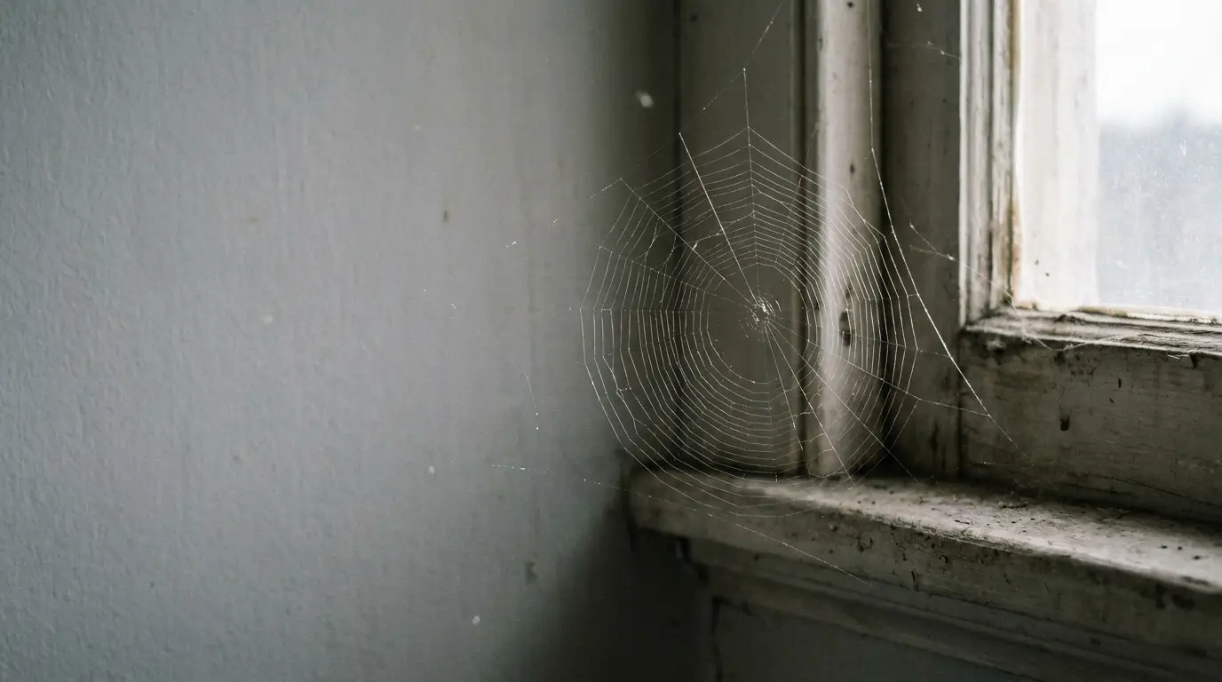 Cobweb glistening in corner of aged window frame in dimly lit room