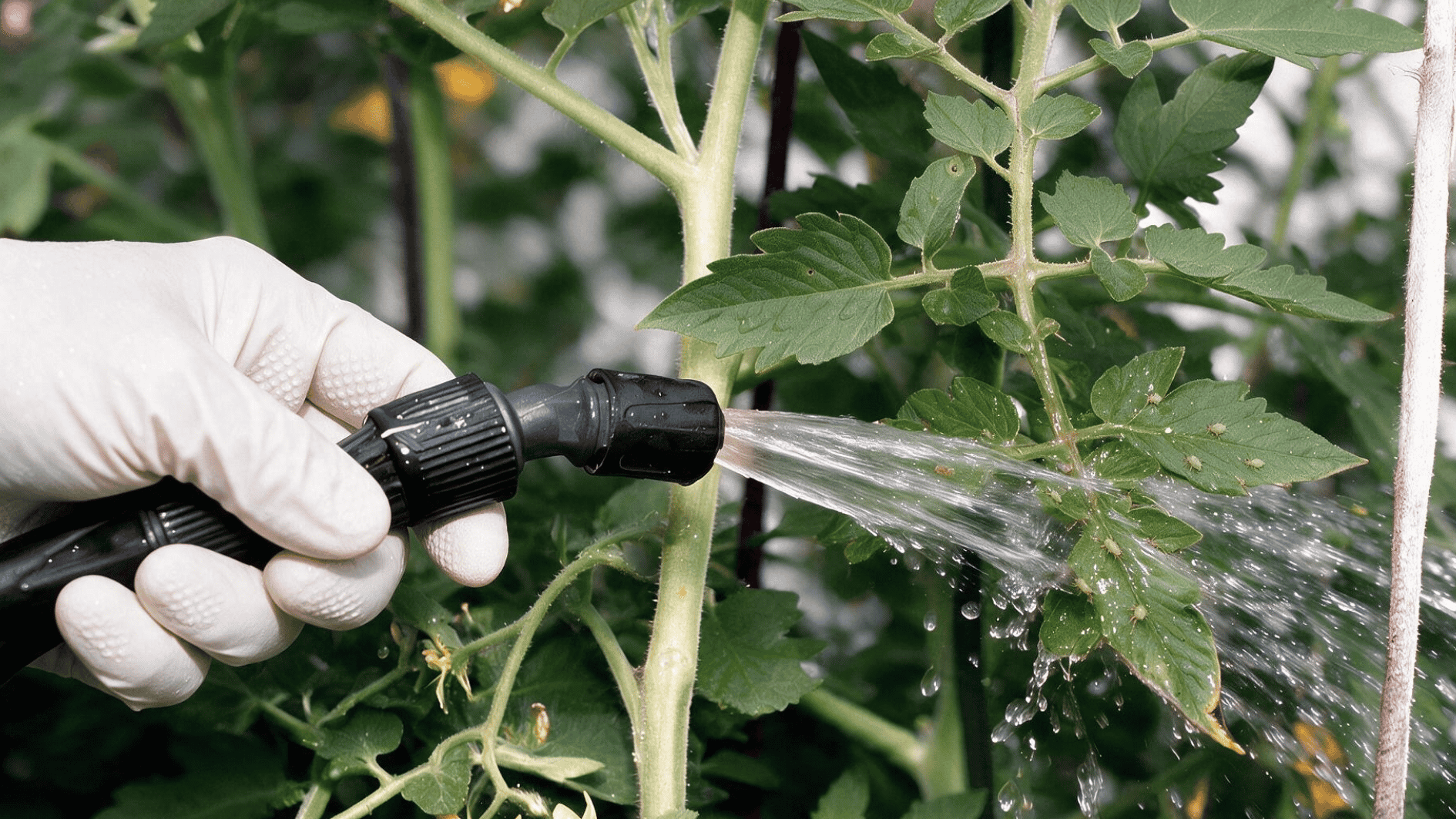 spray aphids off plant leaves with water stream to remove pests and protect healthy garden growth