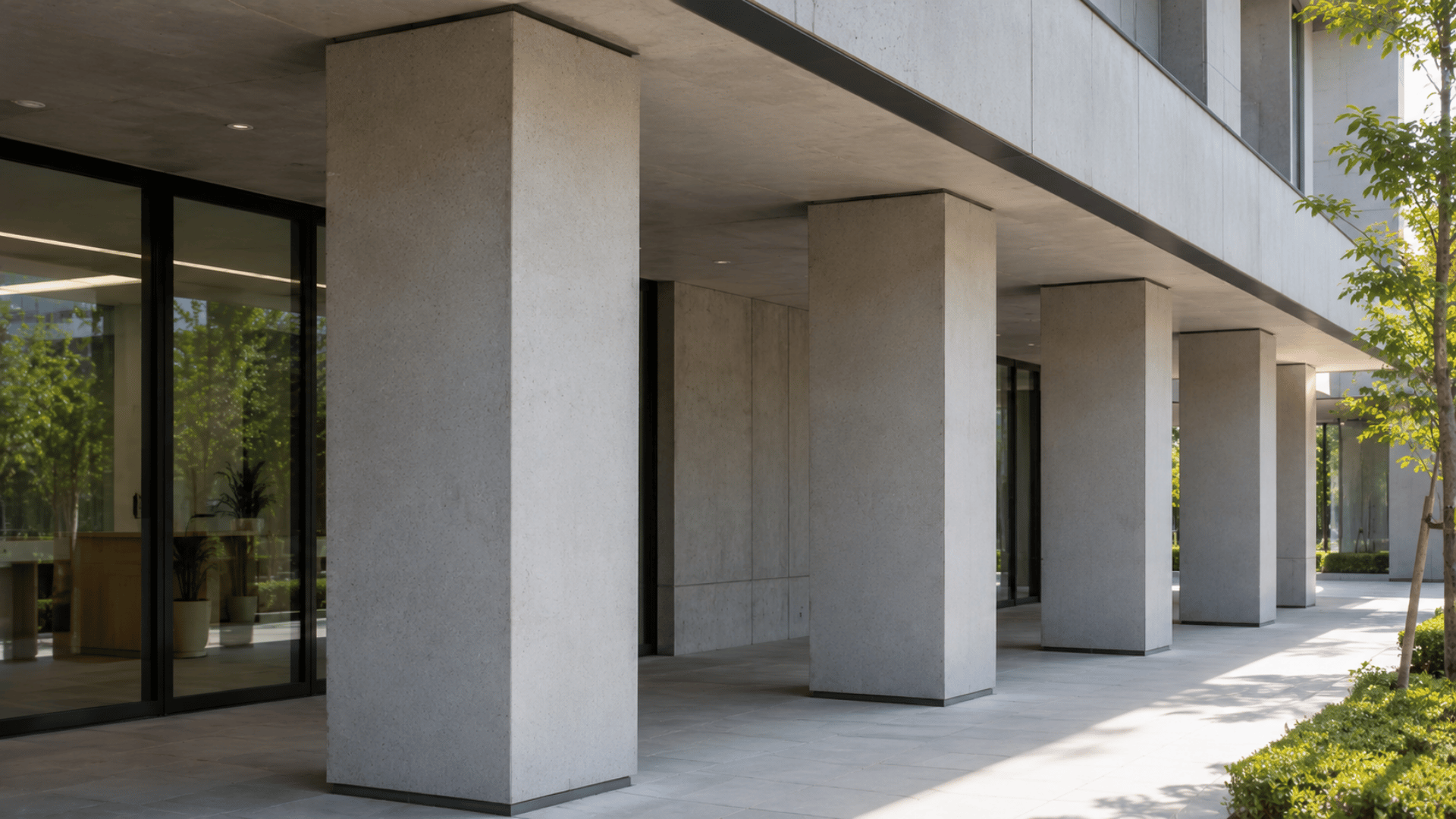Square concrete column with flat sides integrated into a modern office building design
