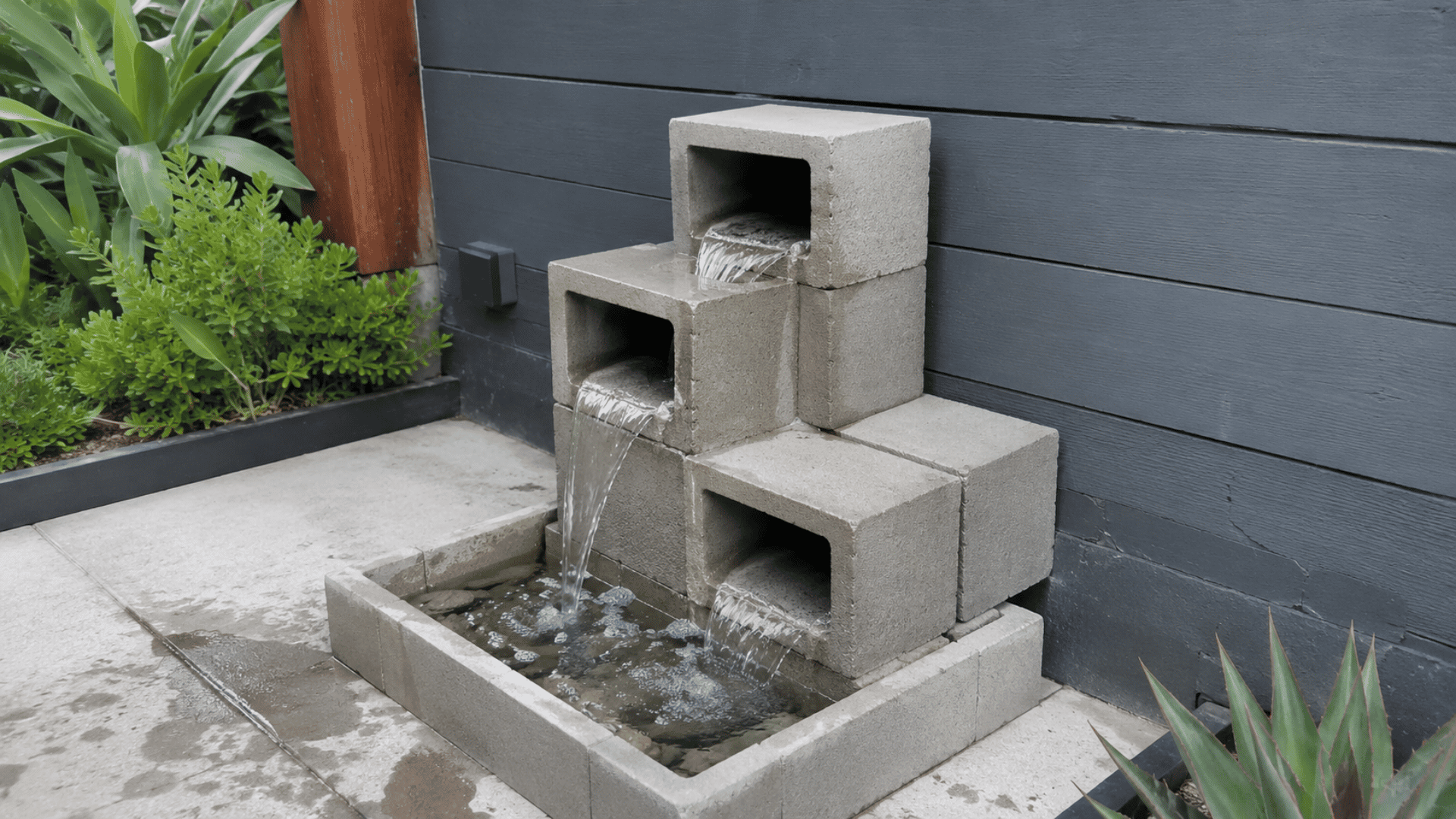 staggered cinder block fountain cascading water into square basin on patio