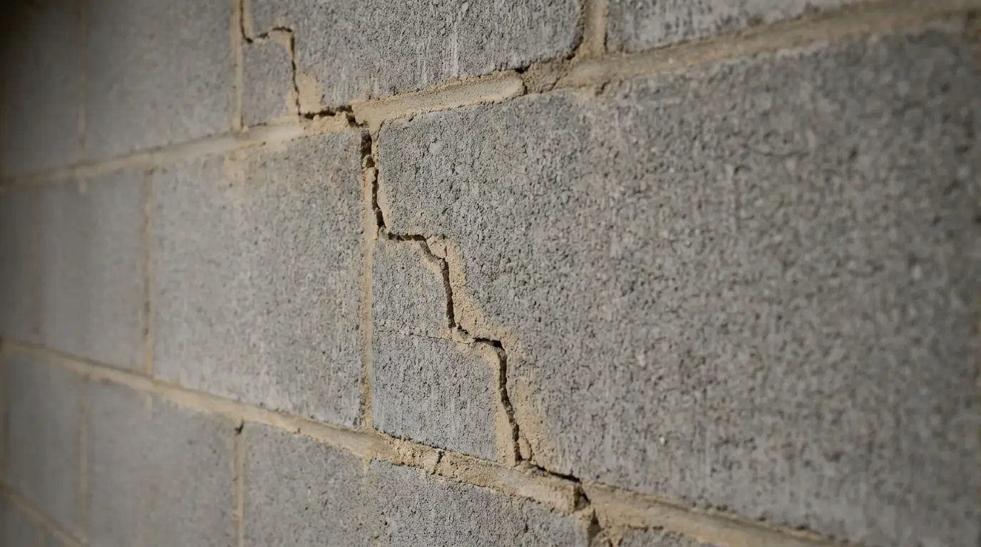 Cracked concrete wall with visible fissures and mortar lines in a close-up view