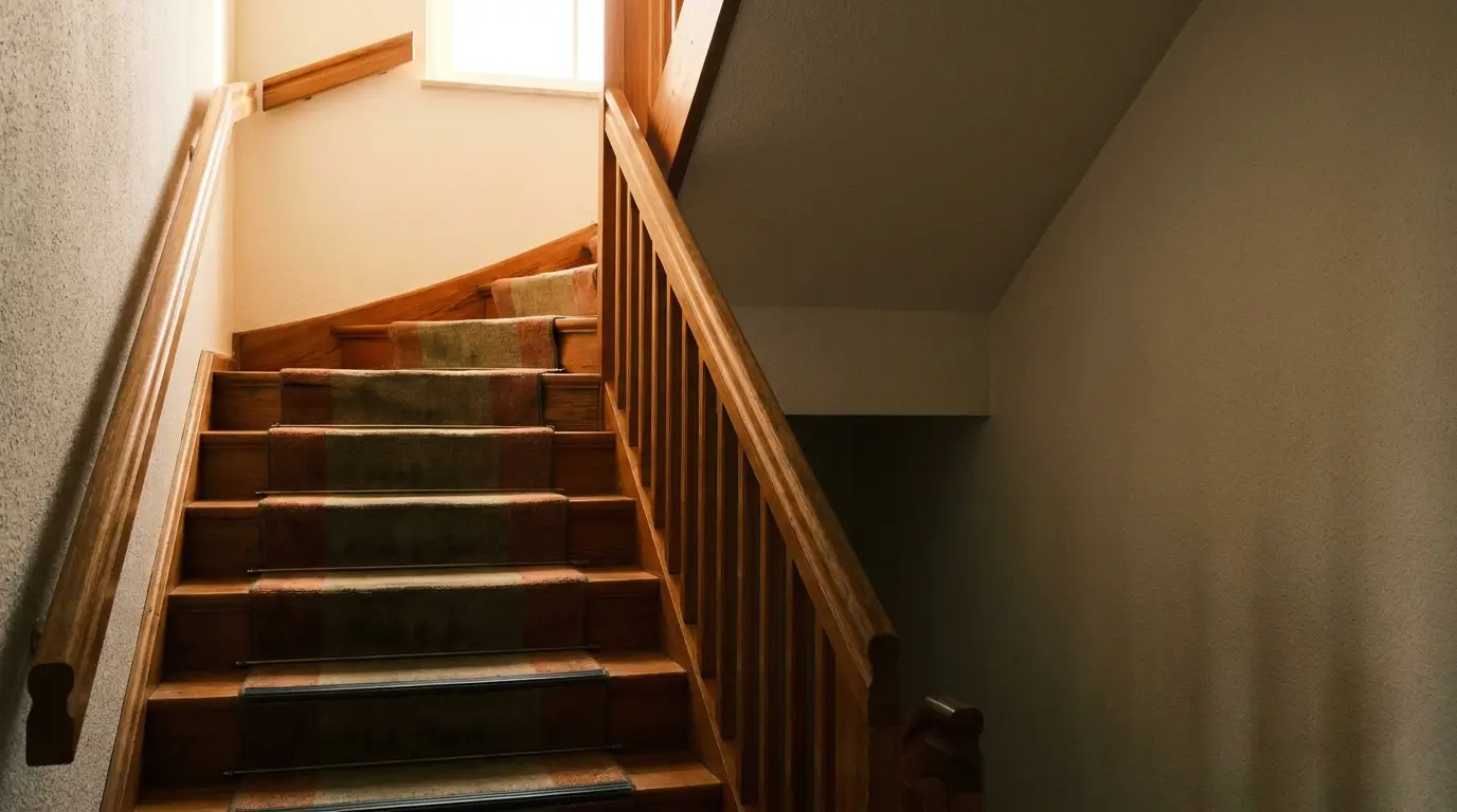 Wooden staircase with striped carpet runner in dimly lit interior setting