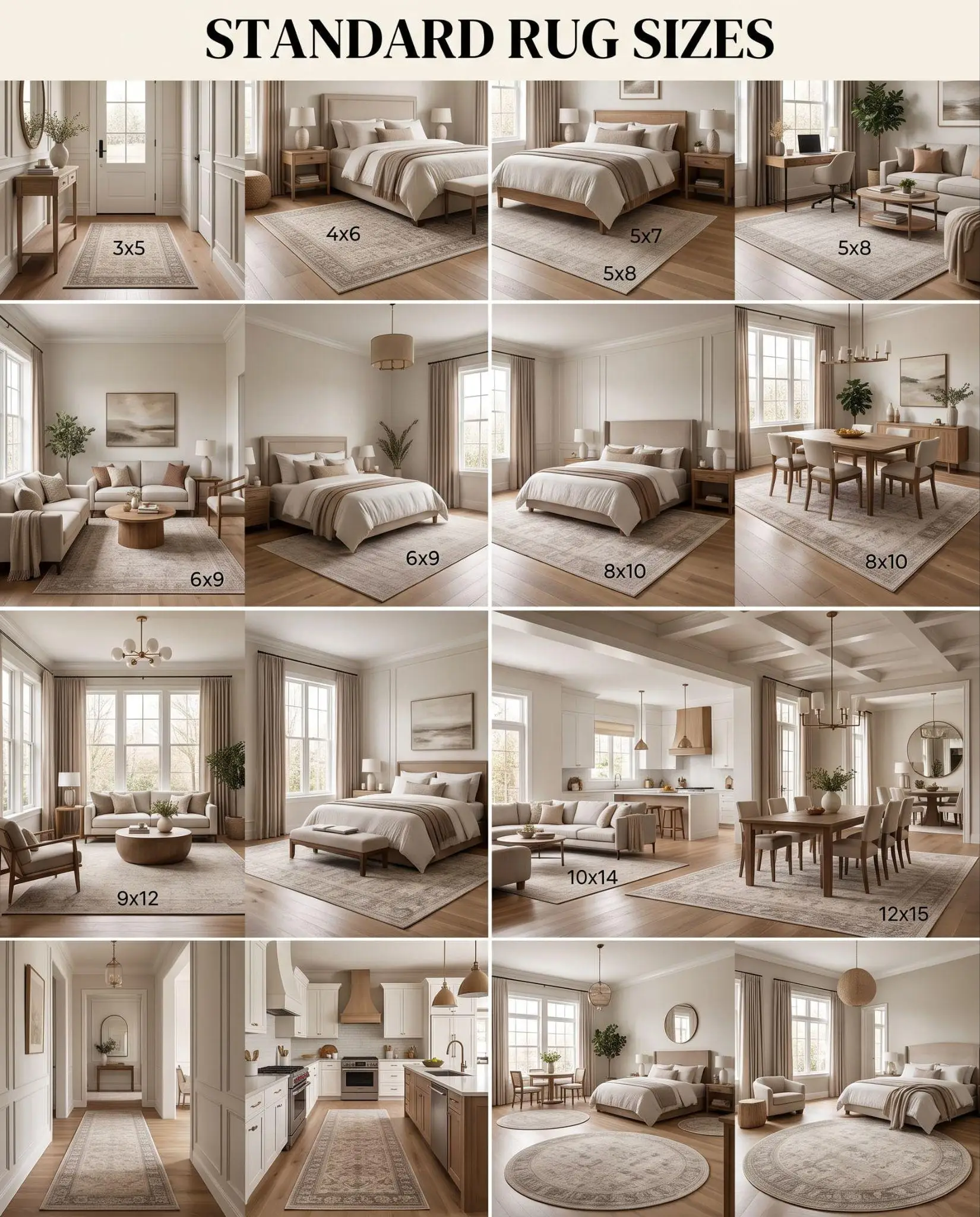 Various rooms showcasing rugs of different sizes in modern, neutral-toned interiors