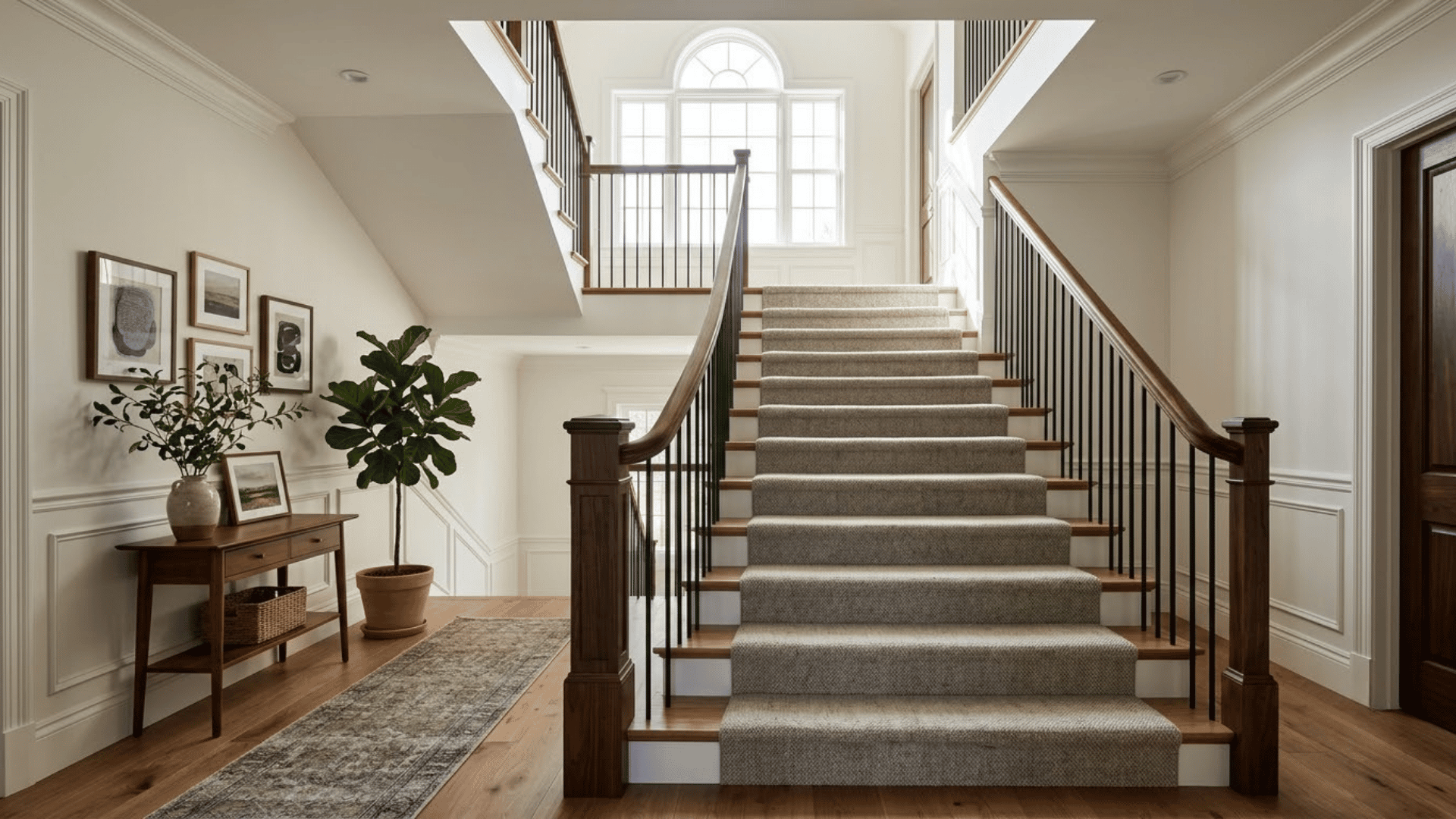 carpeted home staircase with dark wood railings black balusters and warm oak flooring in a bright hallway