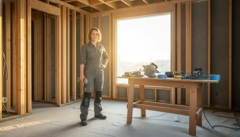 Builder in denim overalls holding drill in sunlit room under construction with wooden framework