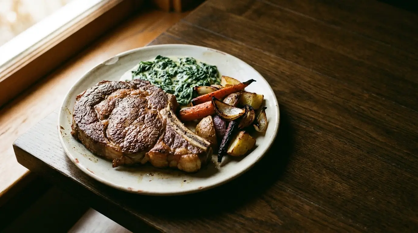 Steak with roasted vegetables and creamed spinach on white plate by window on wooden table