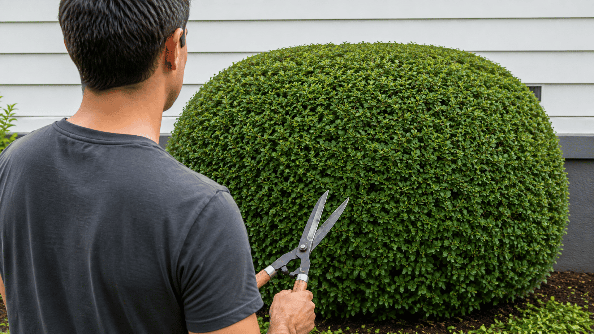 man stepping back to check the rounded shape of a freshly trimmed green bush