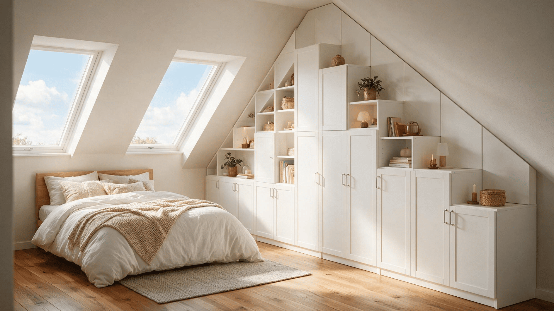 stepped white cabinets fill a sloped attic wall beside a cozy bed skylights wood floors and soft natural light