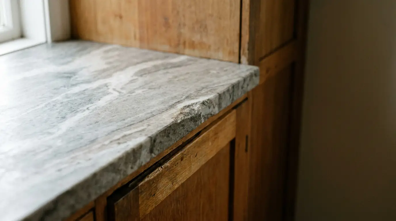Marble countertop with wooden cabinets in a kitchen illuminated by natural light