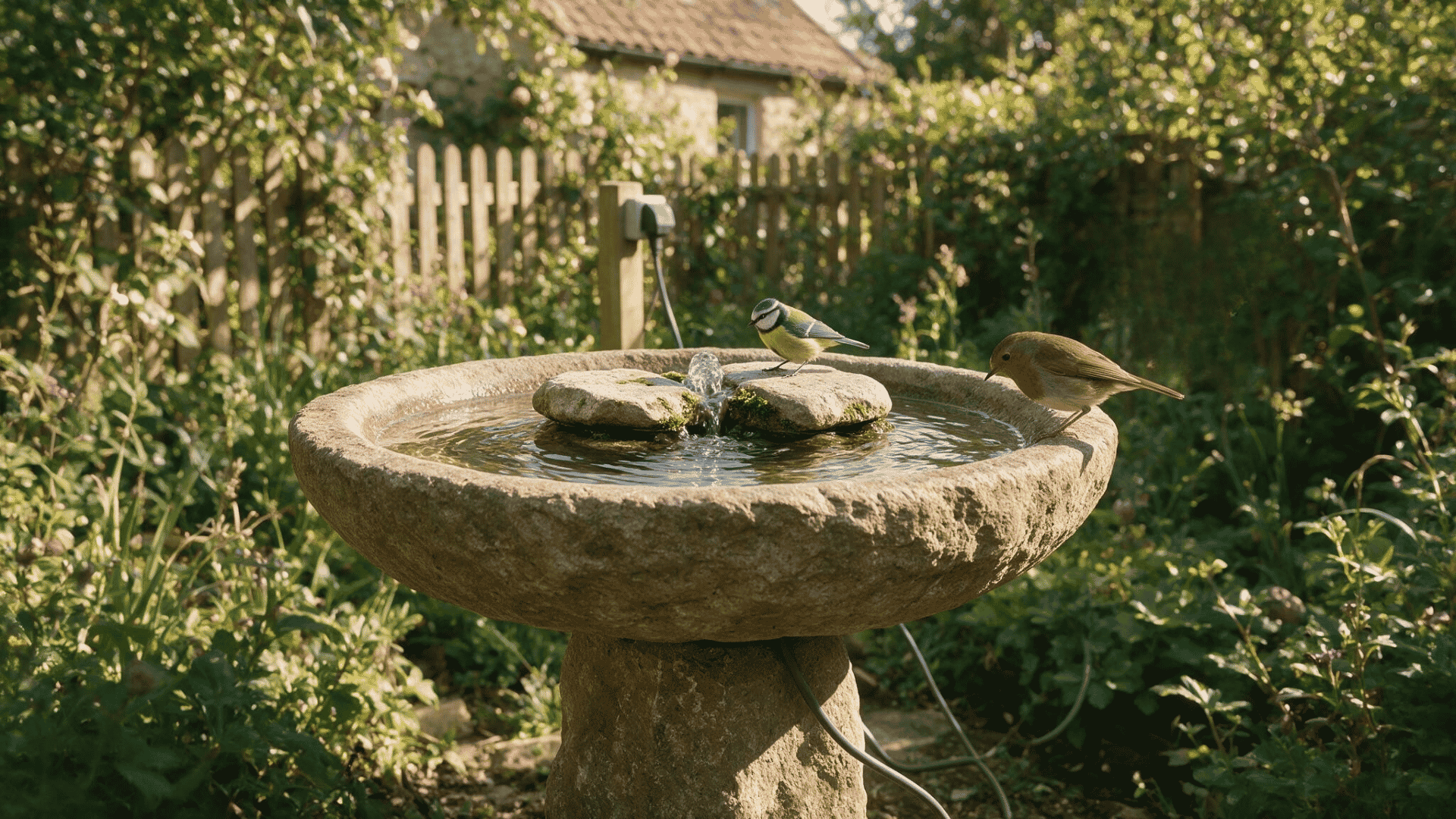 stone birdbath fountain with three small birds drinking and bathing in sunny cottage garden settings (1)