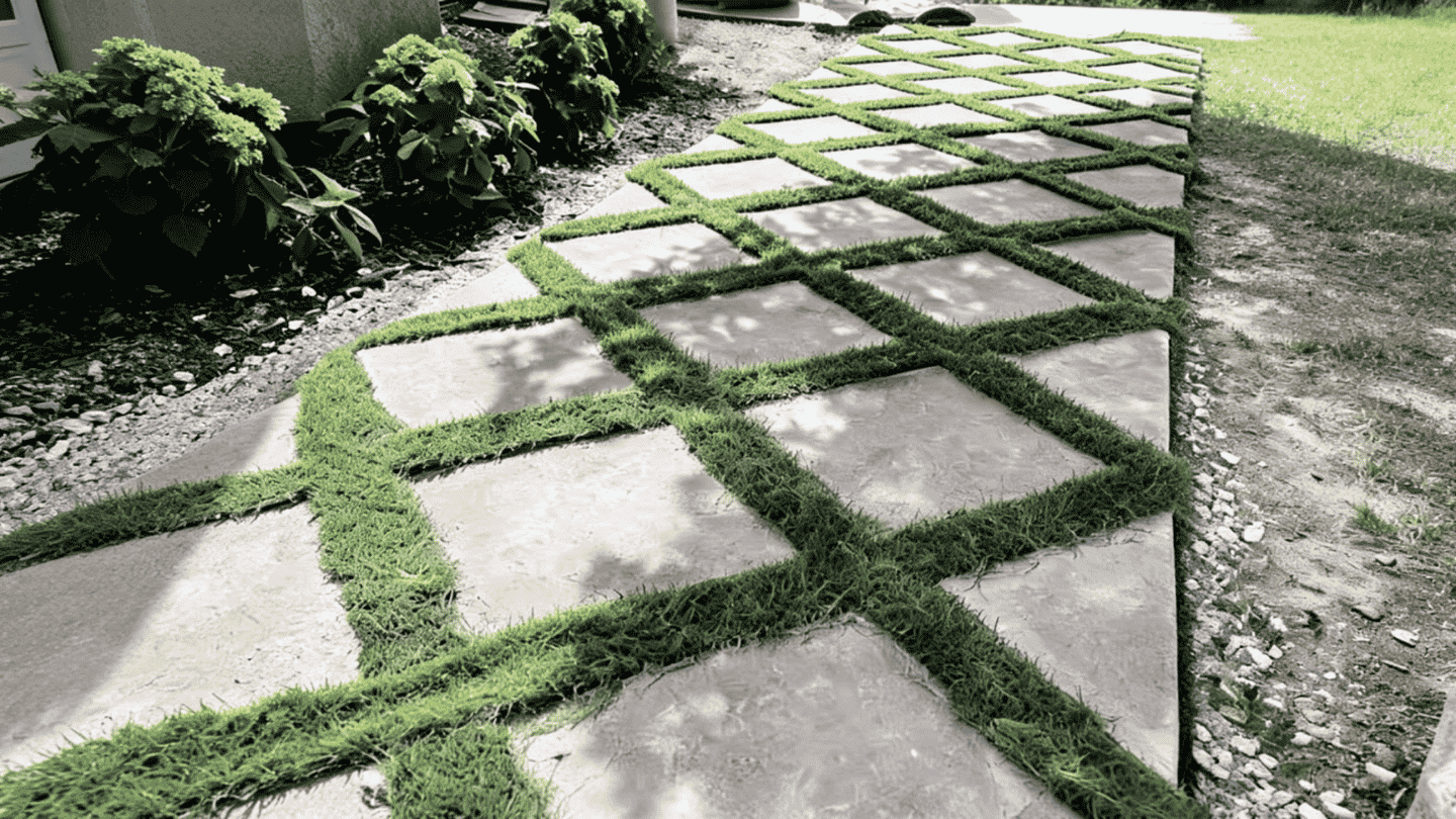 Stone pavers with grass growing between them across a green lawn walkway.