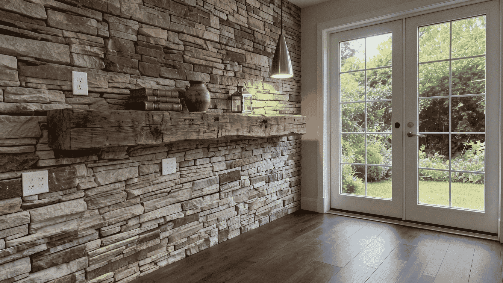 Stone wall panels with a wooden shelf, hanging light, and glass doors in a modern room.