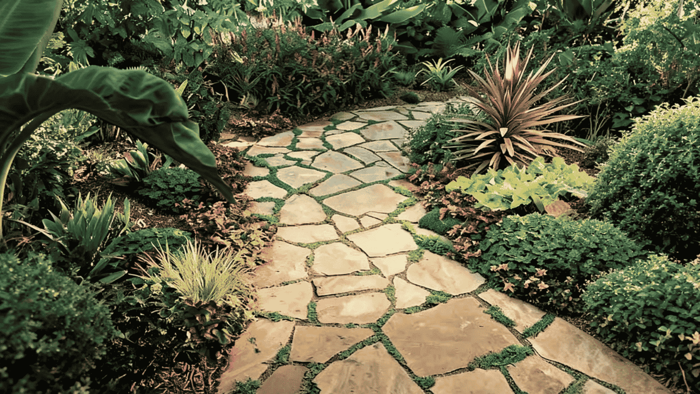 Stone walkway ideas featuring a curved flagstone path through a lush tropical garden