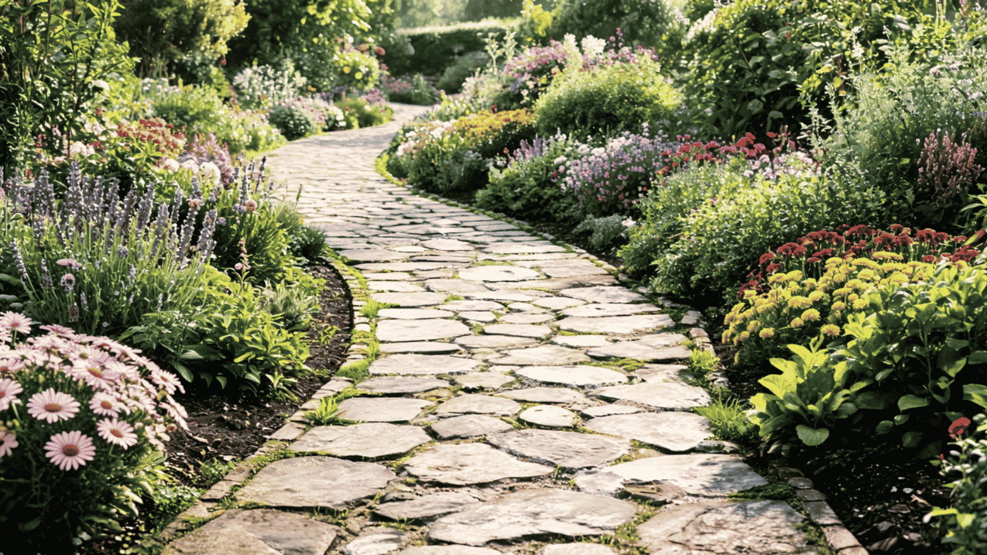 Stone walkway ideas featuring a curved flagstone path winding through a colorful flower garden border