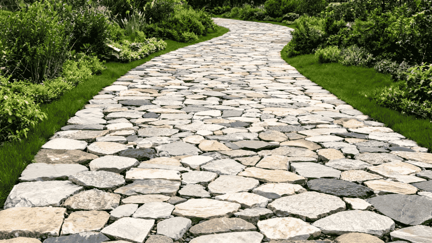 Stone walkway ideas featuring a multicolor flagstone path winding through a green lawn