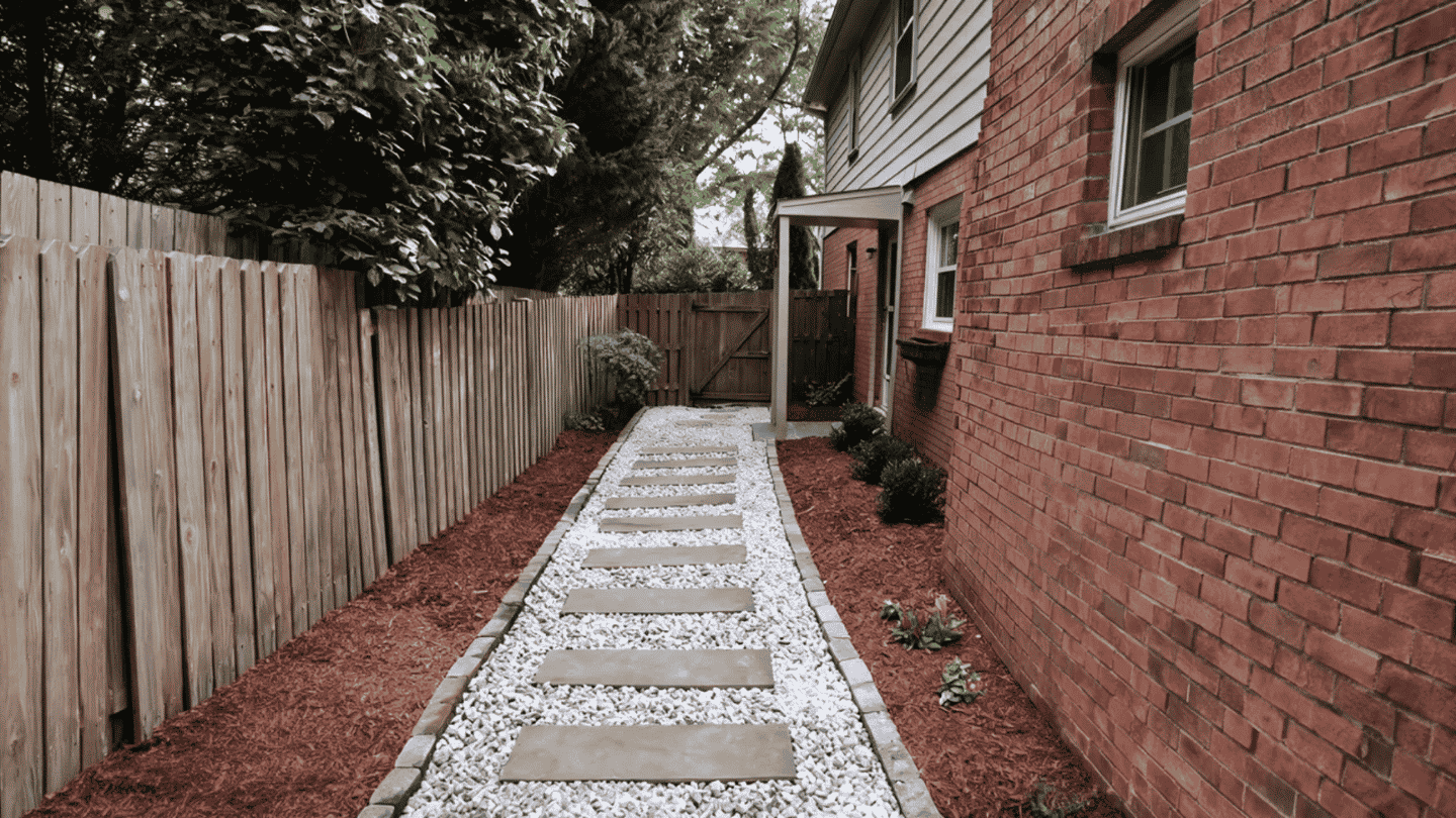 Stone walkway ideas featuring rectangular pavers set in white gravel along a brick house side yard
