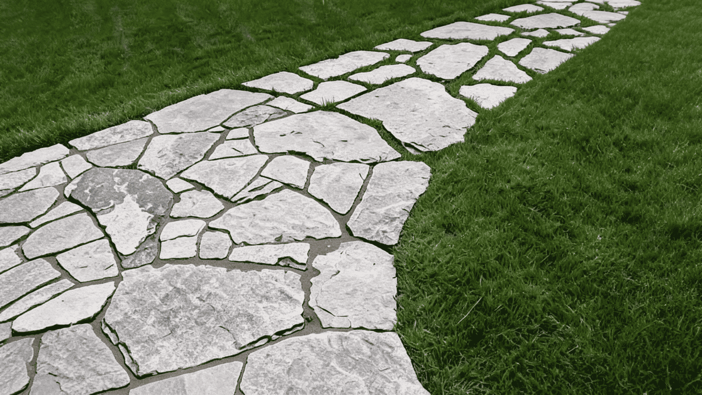 Stone walkway ideas using irregular flagstone pavers set in a lush green lawn