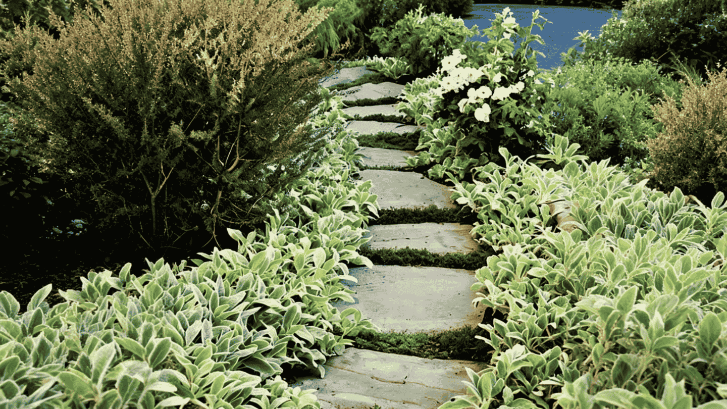 Stone walkway ideas with round stepping stones bordered by lush green foliage near a garden pond